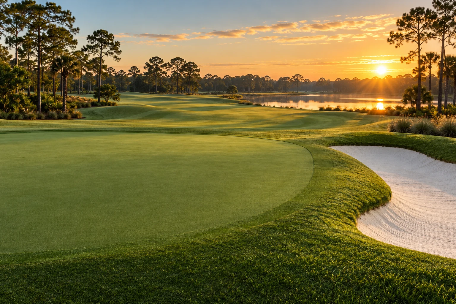 Illustrative golf course scenery in warm morning light